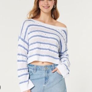 Hollister Off-the-Shoulder Blue and White Crochet Sweater